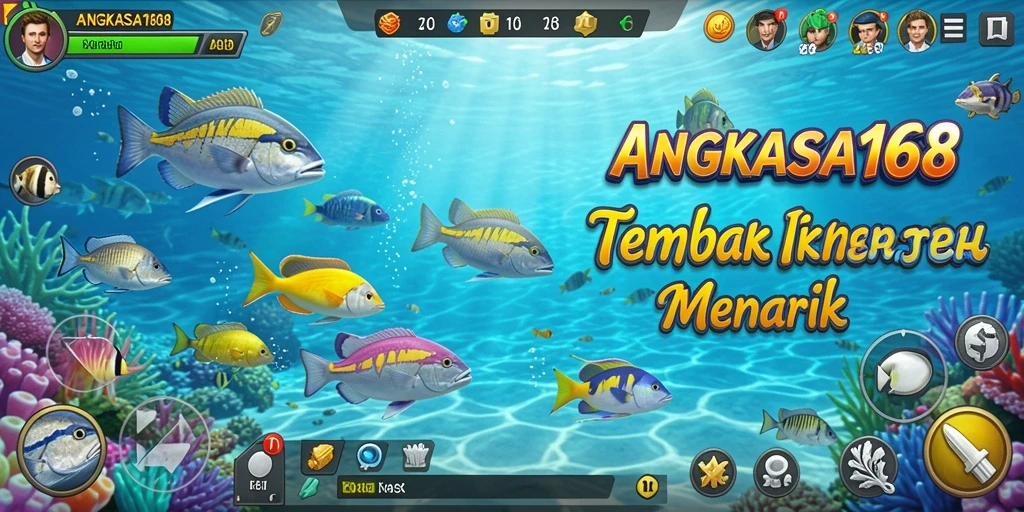 Tampilan screenshot gameplay Tembak Ikan ANGKASA168 yang penuh warna.