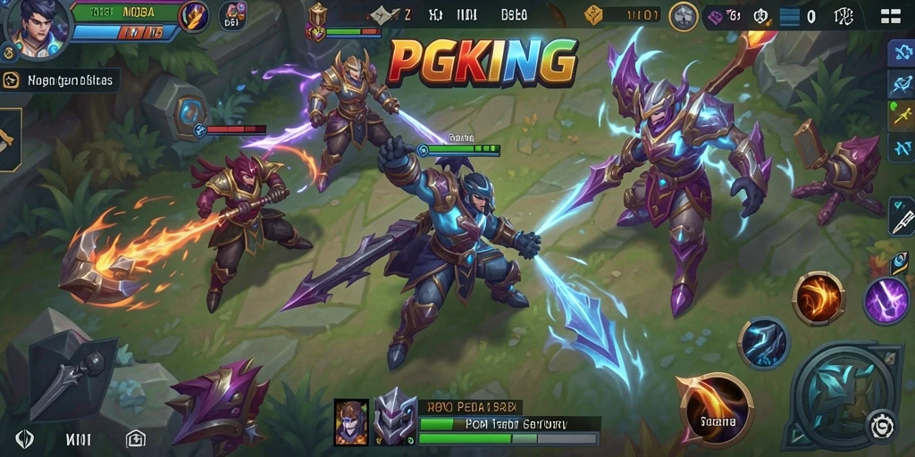 Screenshot PGKING menampilkan pertempuran intens antar karakter MOBA.