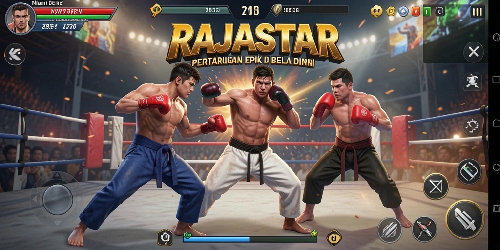 Tampilan aksi mendebarkan di RAJASTAR dengan berbagai karakter Fighting.