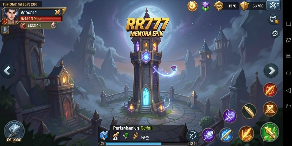 Tangkapan layar gameplay RR777 menunjukkan menara dan musuh yang intens.